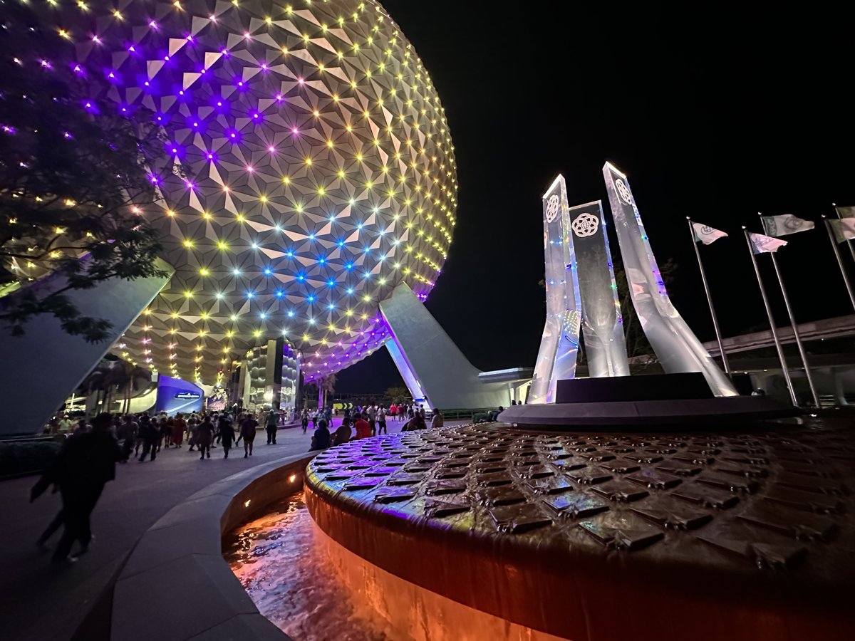 Spaceship Earth illuminated at night