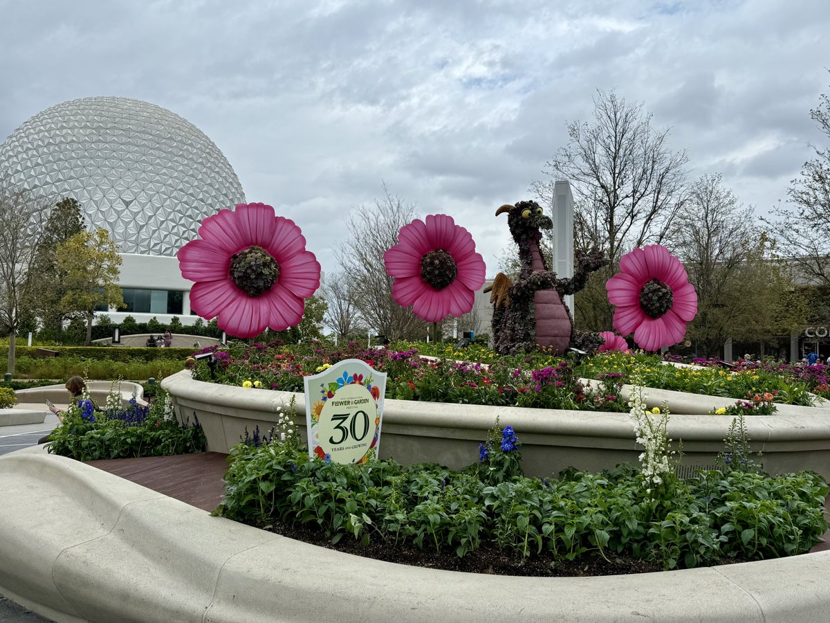 Festival entrance with giant pink flowers and Spaceship Earth