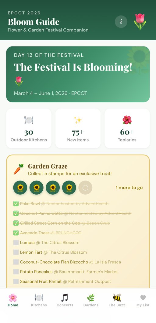 Bloom Guide home screen with Garden Graze tracker