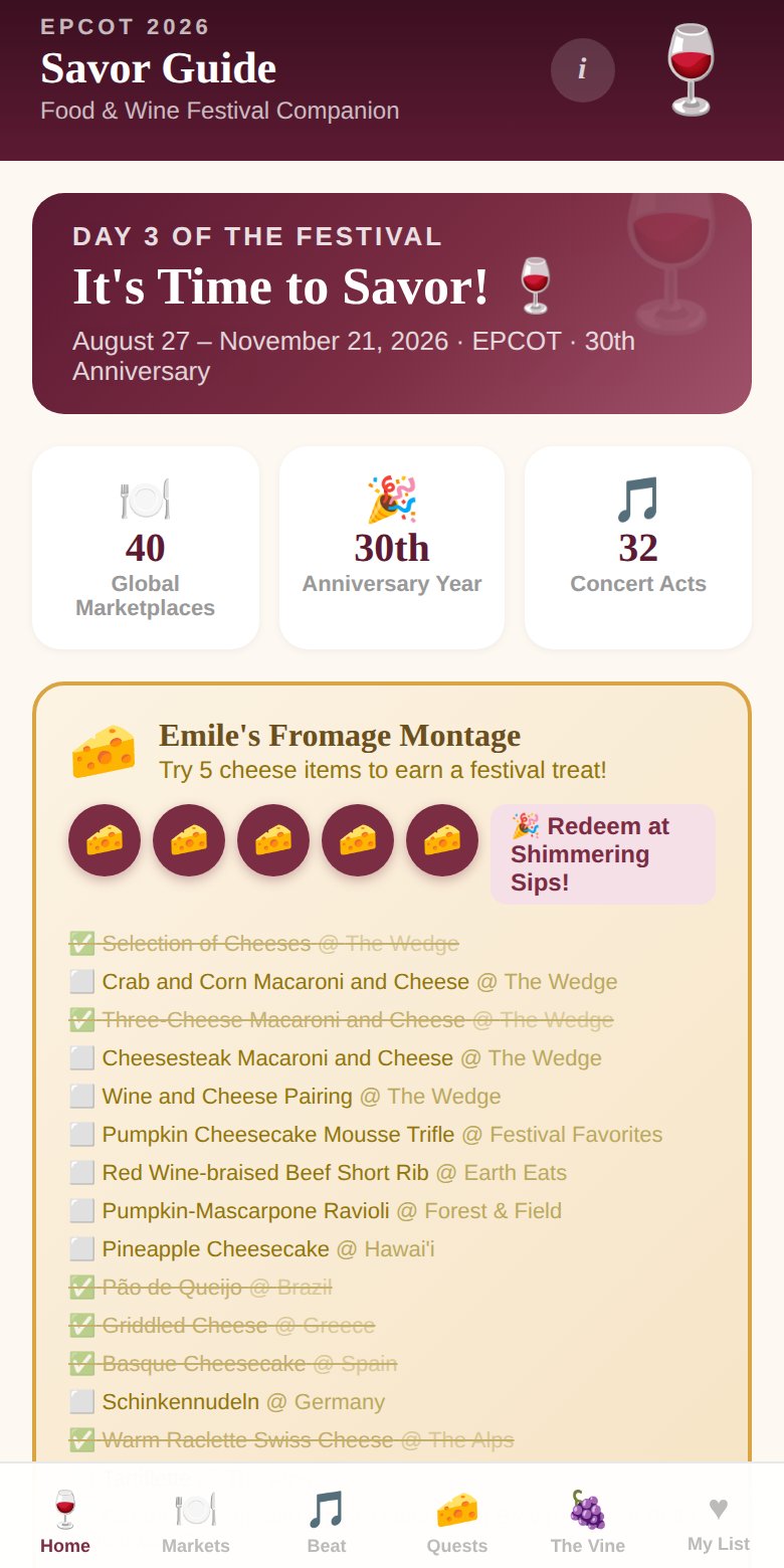 Savor Guide home screen with Fromage Montage cheese tracker